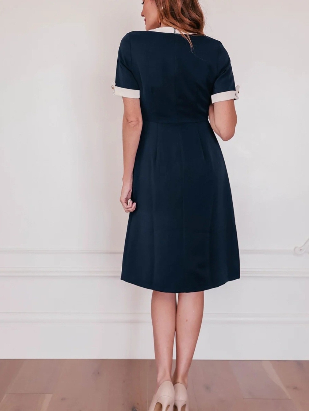 JessaKae Navy Midi Dress with Cream Trim and Decorative Clasps - Picture 5 of 5